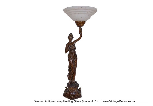 Woman Antique Lamp Holding Glass Shade  42" H